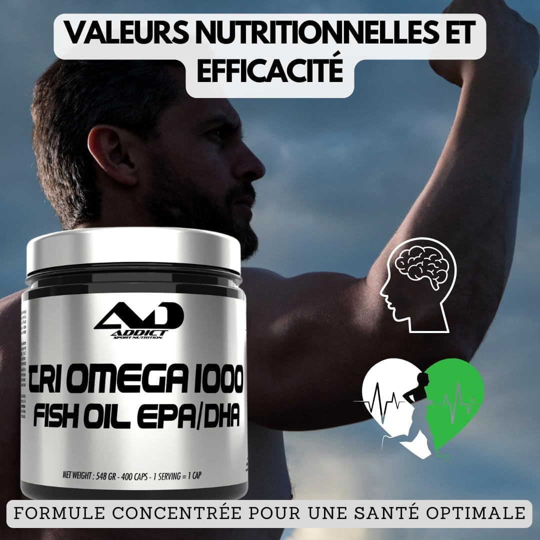 Triomega Oméga-3 Capsules - 400 Caps - Fish Oil Purifié Pour Cœur, Cerveau Et Articulations - Complément Oméga 3 Haute Qualité - Favorise Vitalité Et Bien-Être Au Quotidien - Addict Sport Nutrition