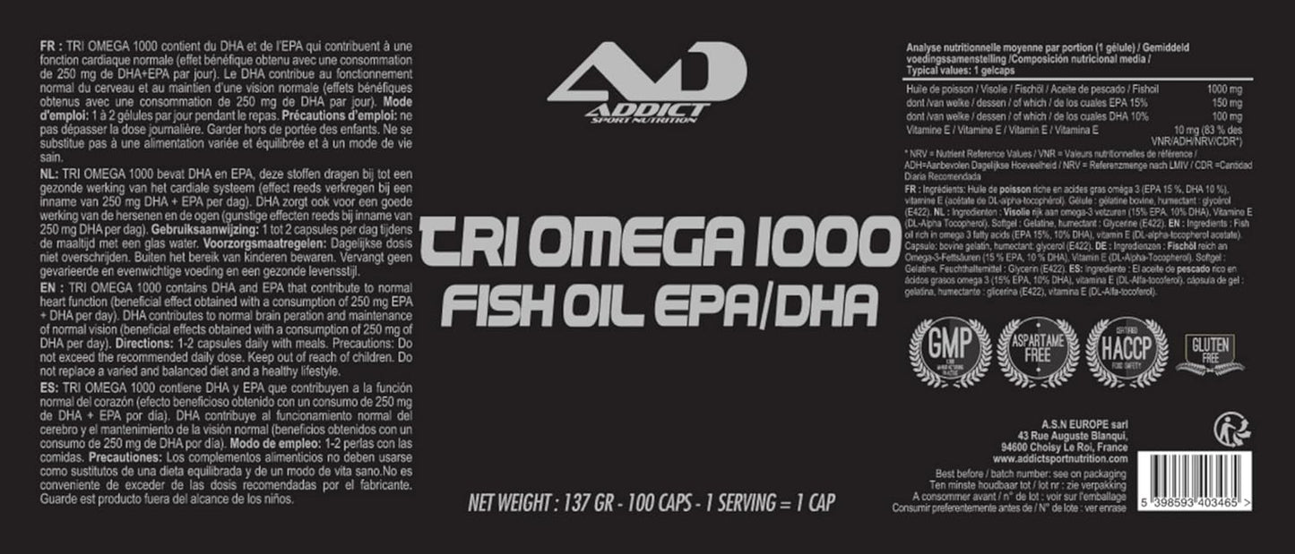 Triomega Oméga-3 Capsules - 400 Caps - Fish Oil Purifié Pour Cœur, Cerveau Et Articulations - Complément Oméga 3 Haute Qualité - Favorise Vitalité Et Bien-Être Au Quotidien - Addict Sport Nutrition