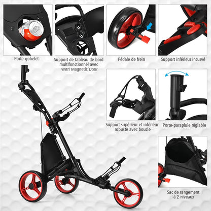Chariot De Golf Pliable À 3 Roues Sangle Elastique Porte-Parasol Réglable Et Porte-Gobelet Sac Recouvert D'Aluminium Bleu/Gris/Rouge/Vert