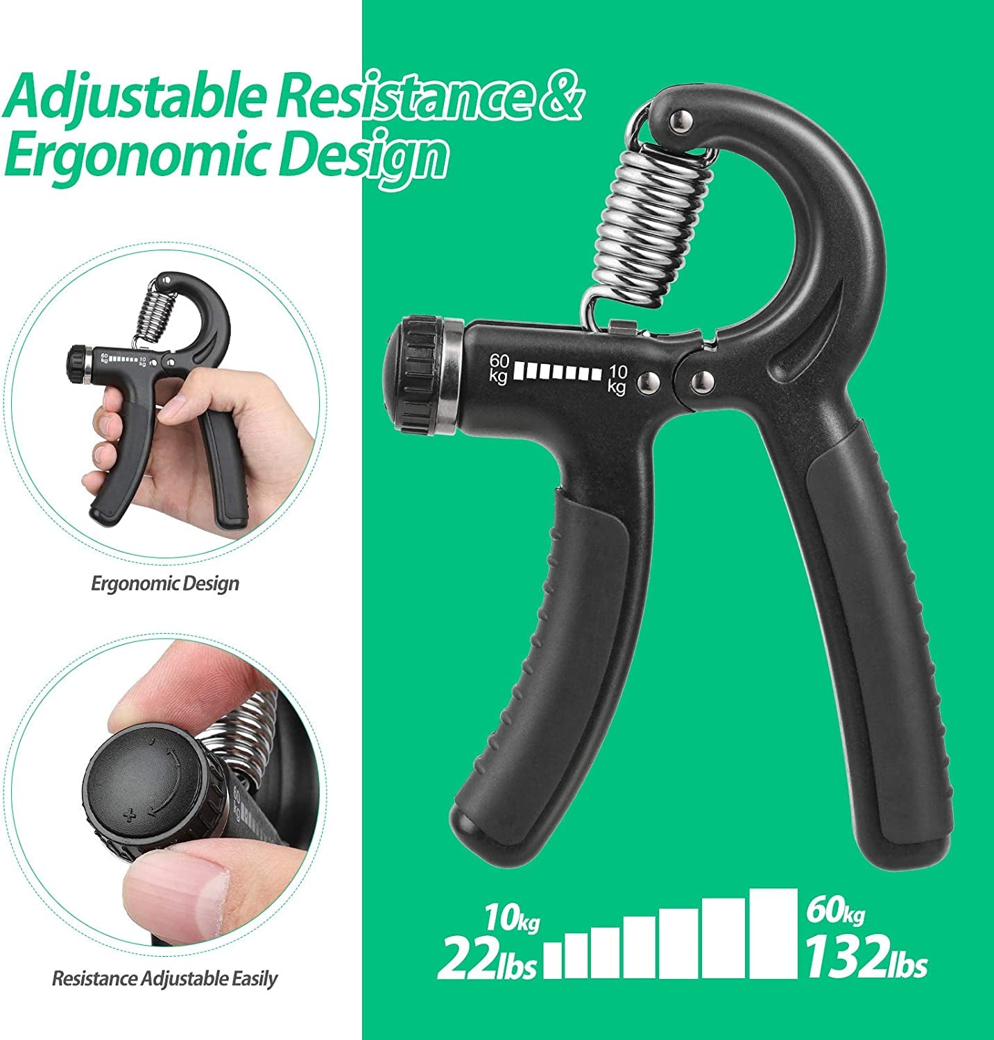 Hand Grip, Hand Grip Musculation, Résistance Réglable 22-132Lbs (10-60Kg), Pince De Musculation Antidérapante, Pour Athlètes Et Exercices De Récupération De La Main