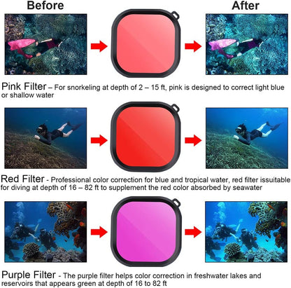 Lupholue Filtre À Lentille De Plongée Sous-Marine 3 En 1 Pour Plongée Sous-Marine Rouge/Rose/Violet En Eau De Mer Et Eau Douce Pour Le Boîtier Officiel Étanche De for Gopro Hero 13, 12,11,10, 9, 8