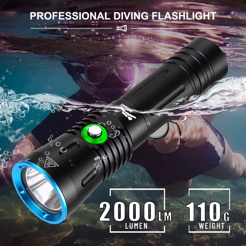 Asafee Diving Flashlight SST40 LED 2000Lm 18650 21700 Fisherman Dive Light Rechargeable Underwater Waterproof Fishing Torch