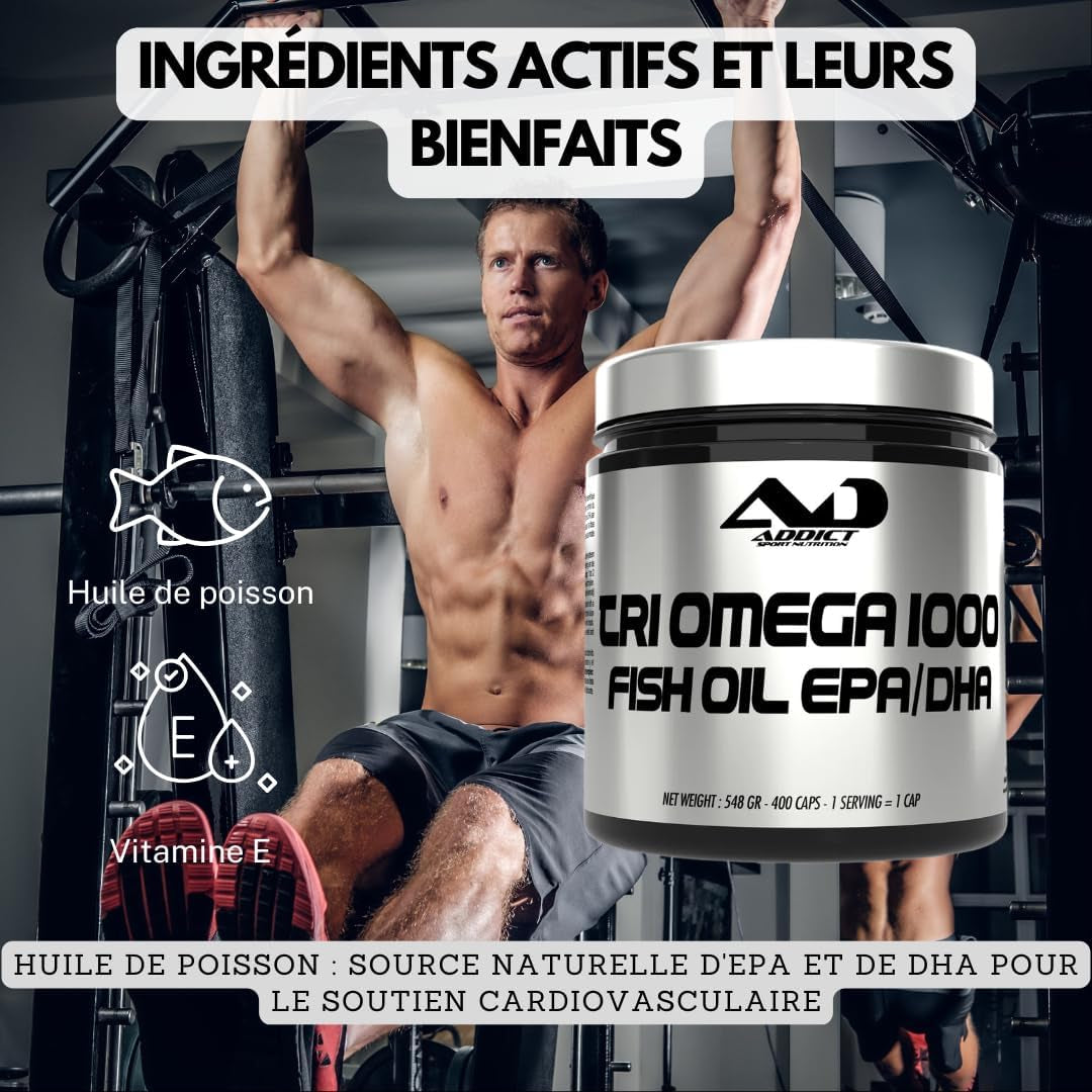 Triomega Oméga-3 Capsules - 400 Caps - Fish Oil Purifié Pour Cœur, Cerveau Et Articulations - Complément Oméga 3 Haute Qualité - Favorise Vitalité Et Bien-Être Au Quotidien - Addict Sport Nutrition