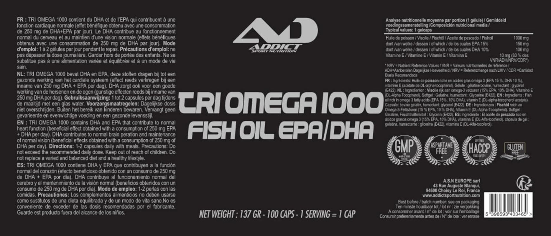Triomega Oméga-3 Capsules - 400 Caps - Fish Oil Purifié Pour Cœur, Cerveau Et Articulations - Complément Oméga 3 Haute Qualité - Favorise Vitalité Et Bien-Être Au Quotidien - Addict Sport Nutrition