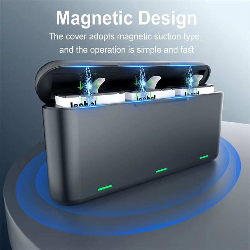 3-Channel Portable Battery Charger for Gopro Hero 09 10 11 12 Charging Case with LED Display Magnetic Lid Pocket Sized