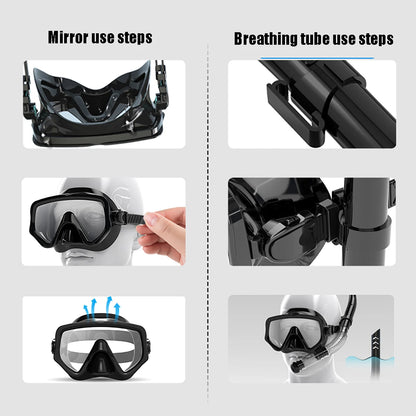 Diving Mask Snorkel Set for Adults Tempered Glass Scuba Professional Panoramic Snorkeling Gear Swimming Training Snorkel Kit