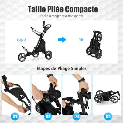 Chariot De Golf Pliable À 3 Roues Sangle Elastique Porte-Parasol Réglable Et Porte-Gobelet Sac Recouvert D'Aluminium Bleu/Gris/Rouge/Vert