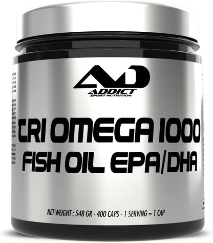 Triomega Oméga-3 Capsules - 400 Caps - Fish Oil Purifié Pour Cœur, Cerveau Et Articulations - Complément Oméga 3 Haute Qualité - Favorise Vitalité Et Bien-Être Au Quotidien - Addict Sport Nutrition