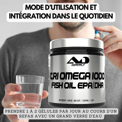 Triomega Oméga-3 Capsules - 400 Caps - Fish Oil Purifié Pour Cœur, Cerveau Et Articulations - Complément Oméga 3 Haute Qualité - Favorise Vitalité Et Bien-Être Au Quotidien - Addict Sport Nutrition